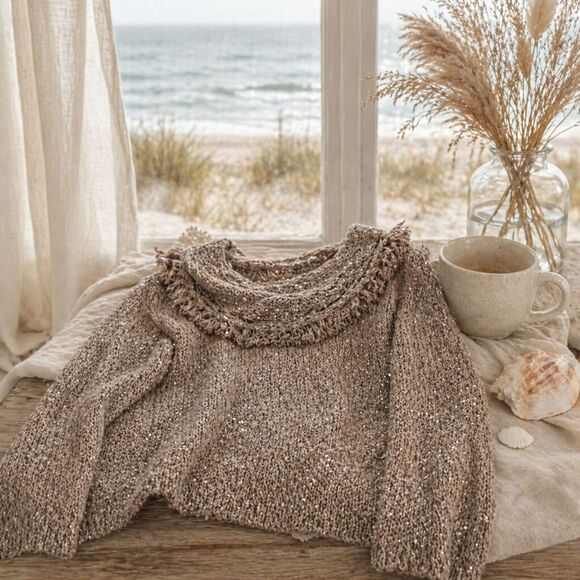 White House Black Market Sweaters - WHBM Sequin Knit Sweater Coastal Grandma Boho Cowl Neck Taupe MP